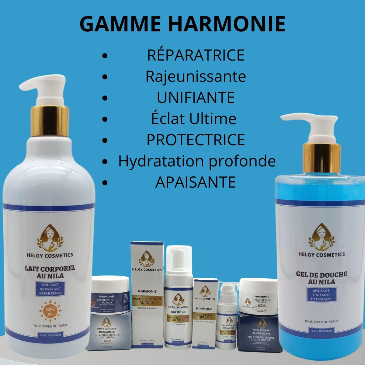 Gamme Harmonie au Nila | VISAGE ET CORPS | Réparation | Apaisement| Hyperpigmentation - Helgy Cosmetics